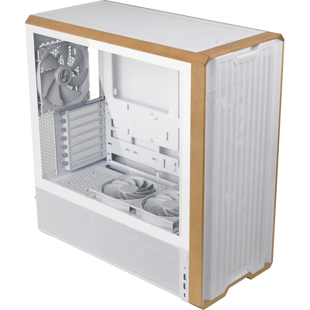 Een witte pc-behuizing met houten accenten, met zichtbare ventilatoren.