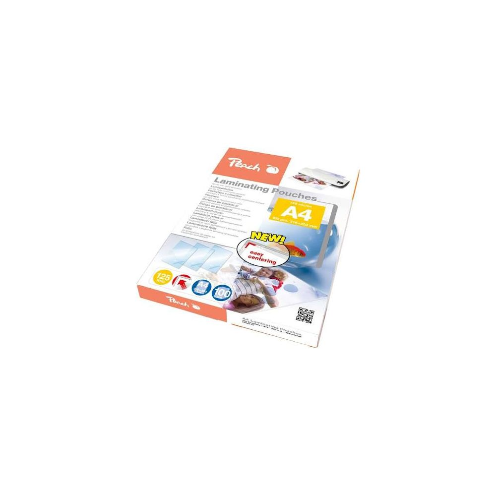 Verpackung mit Peach Laminierfolien A4, 125 Micron, 100 Stück.