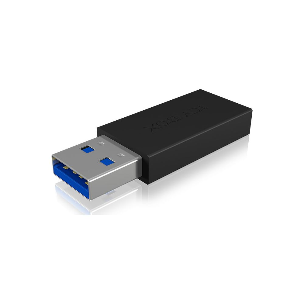 Schwarzer USB-Stick mit silbernem Anschluss und blauen Akzenten.
