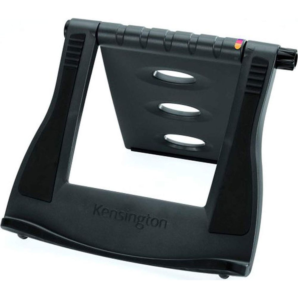 Supporto nero Kensington per laptop con tre ritagli ovali e logo.