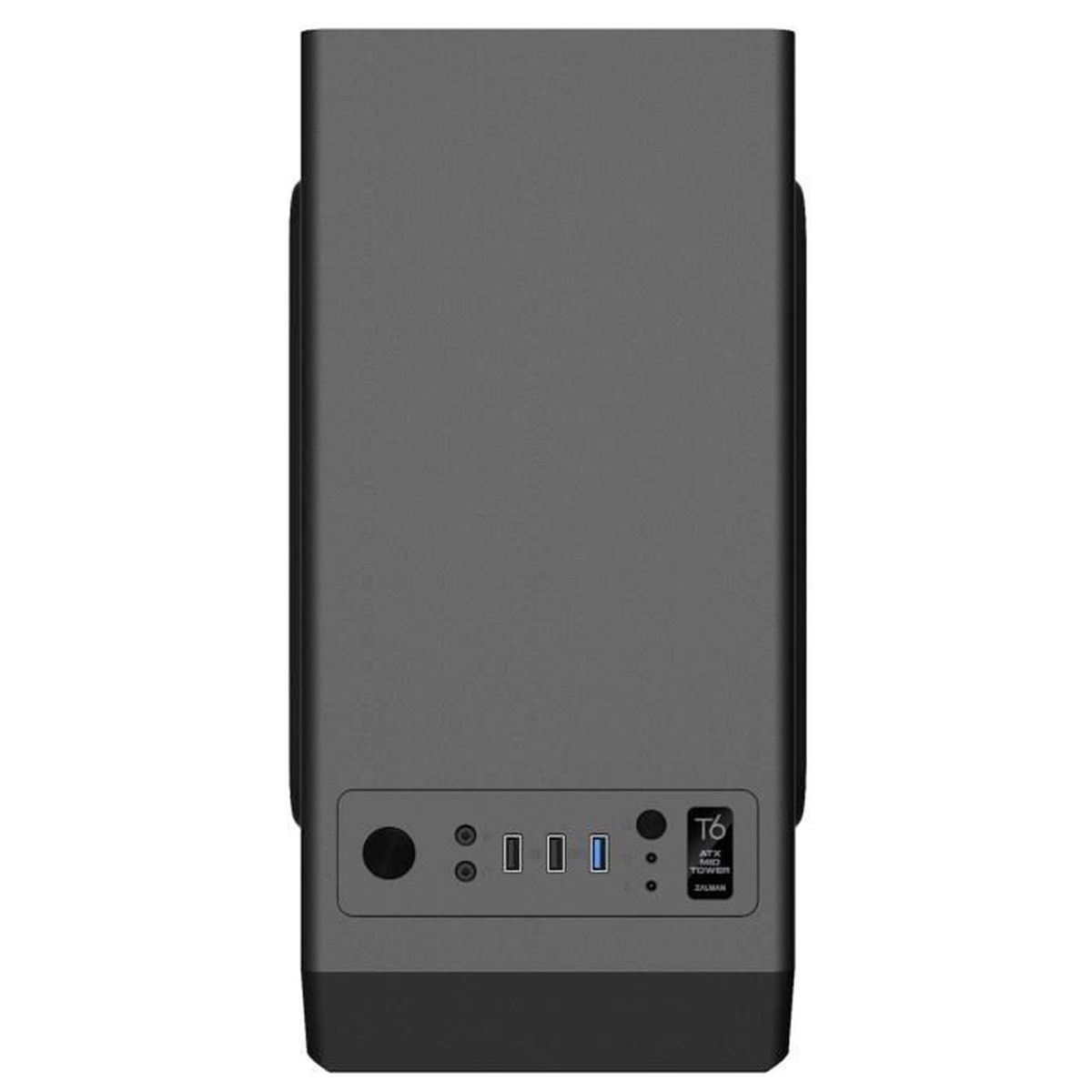 Szara obudowa komputera z portami z przodu: przycisk zasilania, USB, audio.