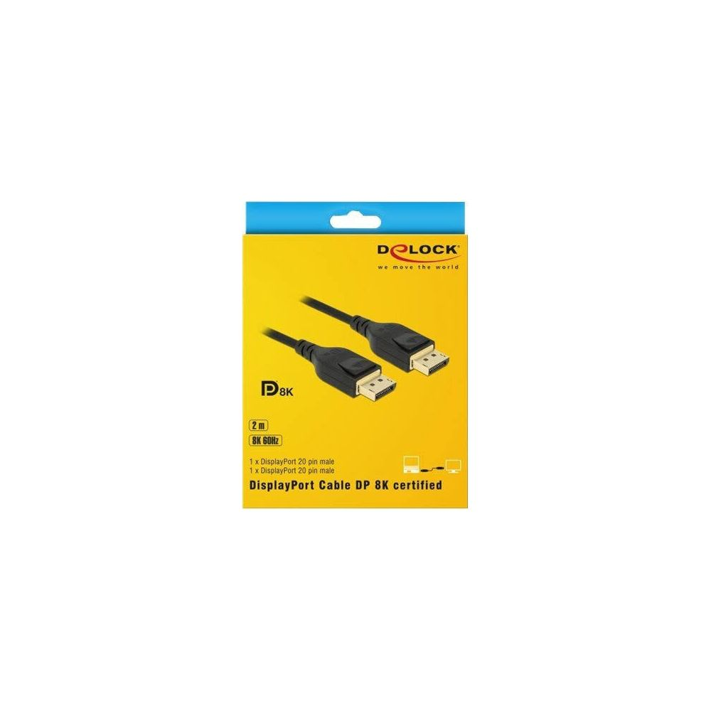 Zwei schwarze DisplayPort-Kabel mit schwarzen Steckern auf gelbem Karton