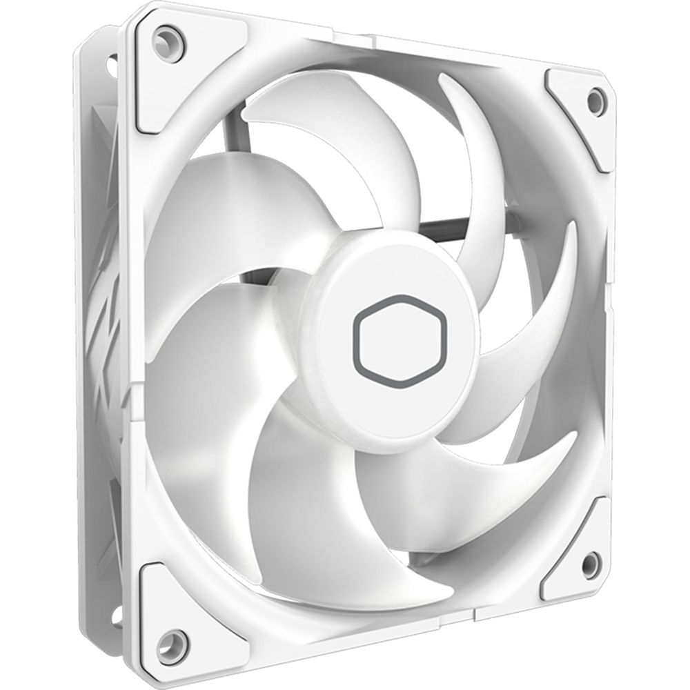 Un ventilateur d'ordinateur blanc à quatre pales et un logo central.