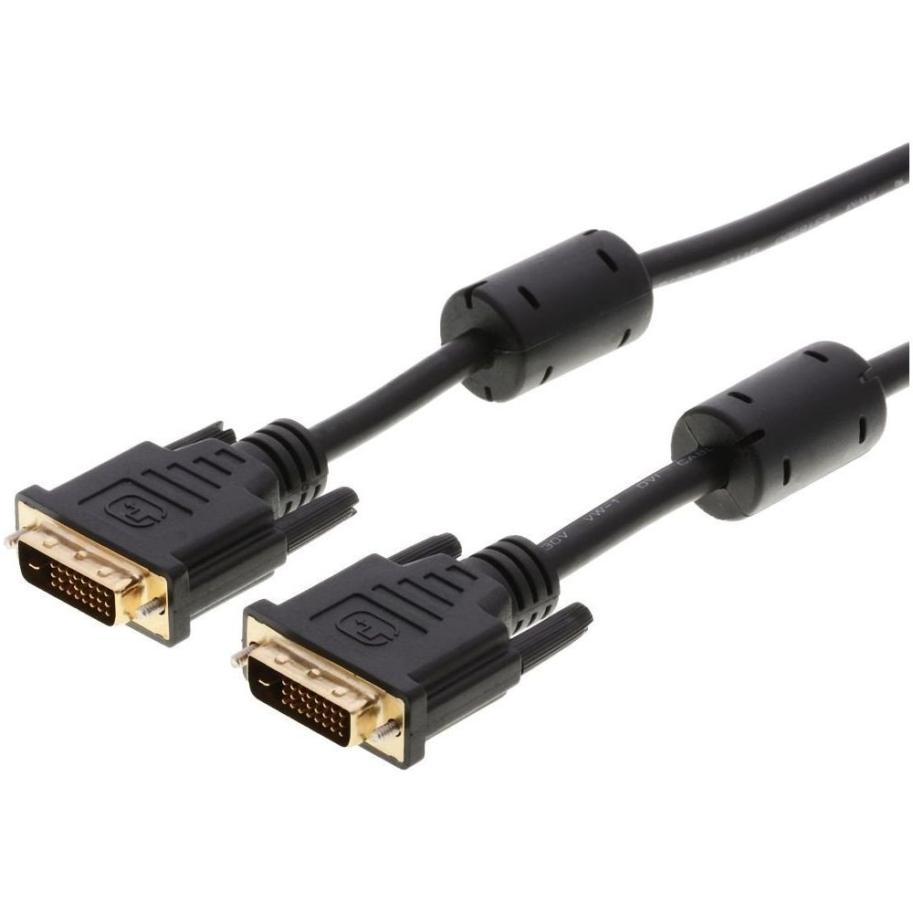 Twee zwarte DVI-kabels met gouden connectoren en ferrietkernen.