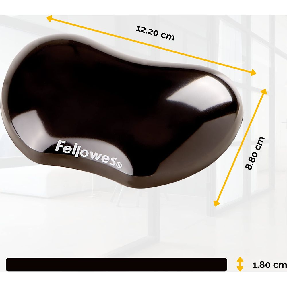 Czarna podkładka pod nadgarstek, dł. 12,20 cm, szer. 8,80 cm, wys. 1,80 cm.
