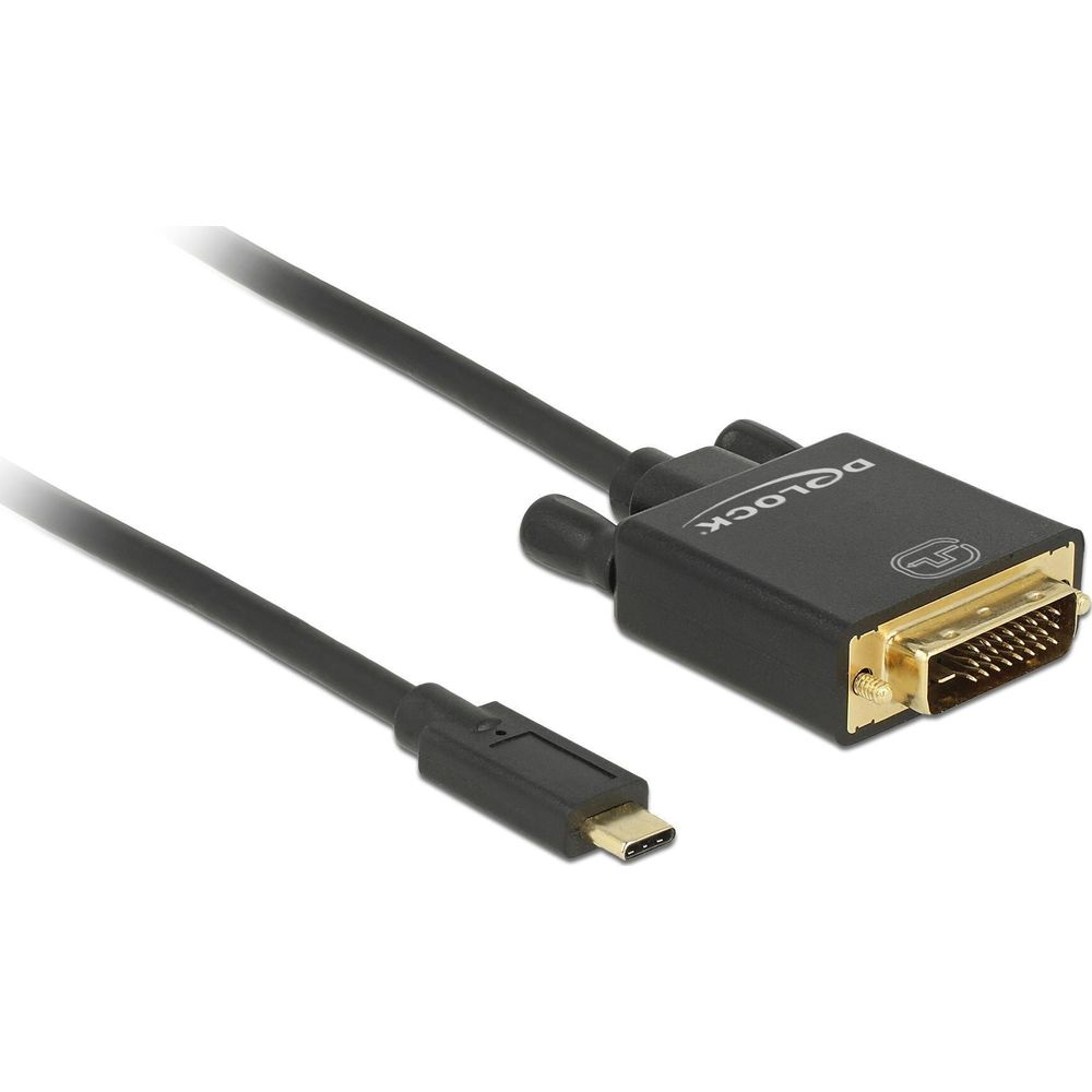Ein schwarzes USB-C zu DVI Adapterkabel mit vergoldeten Anschlüssen auf Weiß.