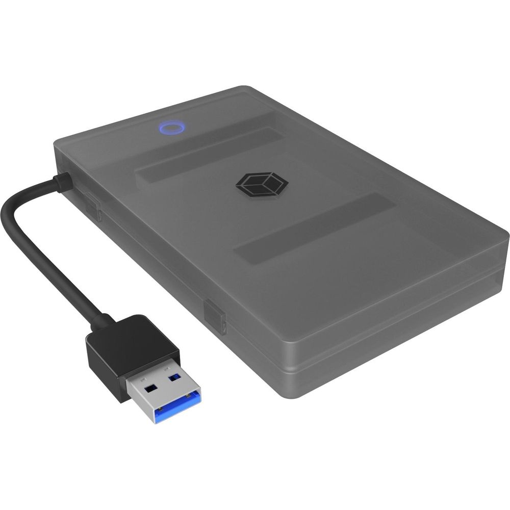 Ein graues externes Festplattengehäuse mit angeschlossenem schwarzem USB 3.0 Kabel.