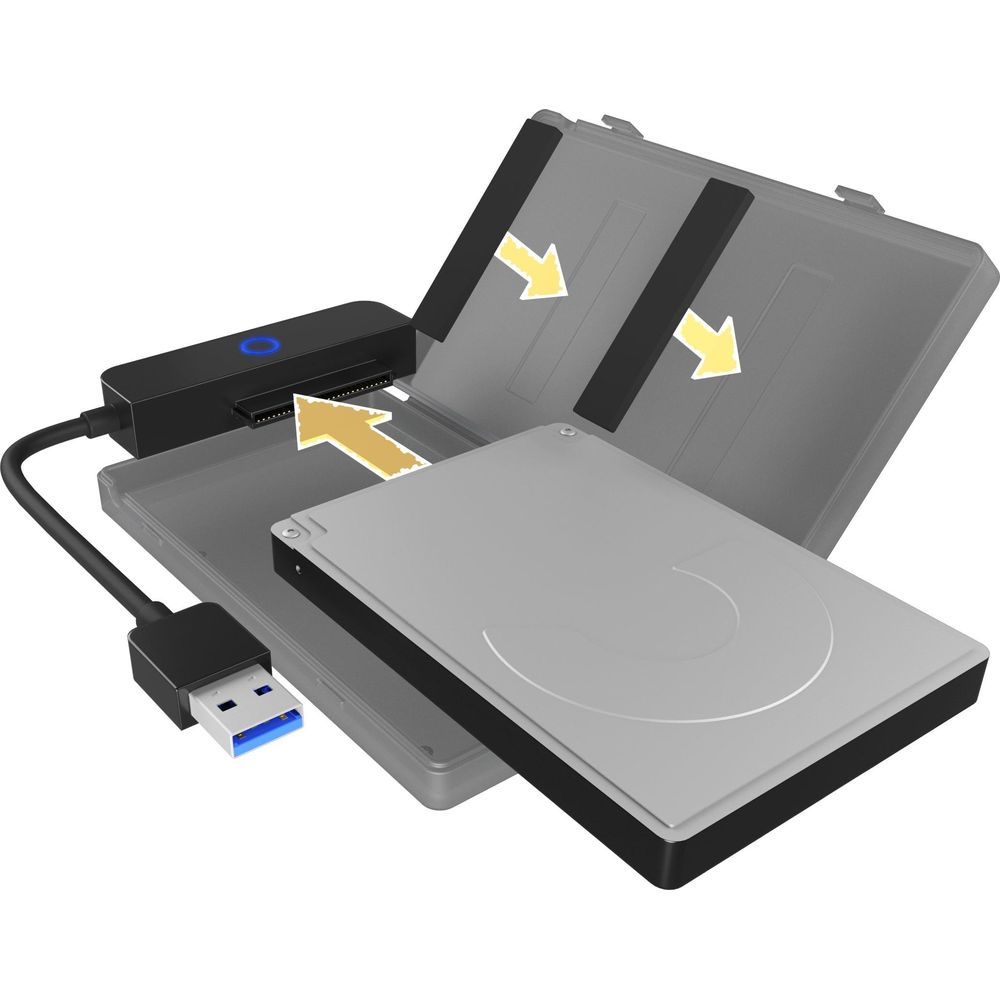 Festplatte in einem schwarzen und grauen Gehäuse mit USB-Anschluss und Pfeilen.