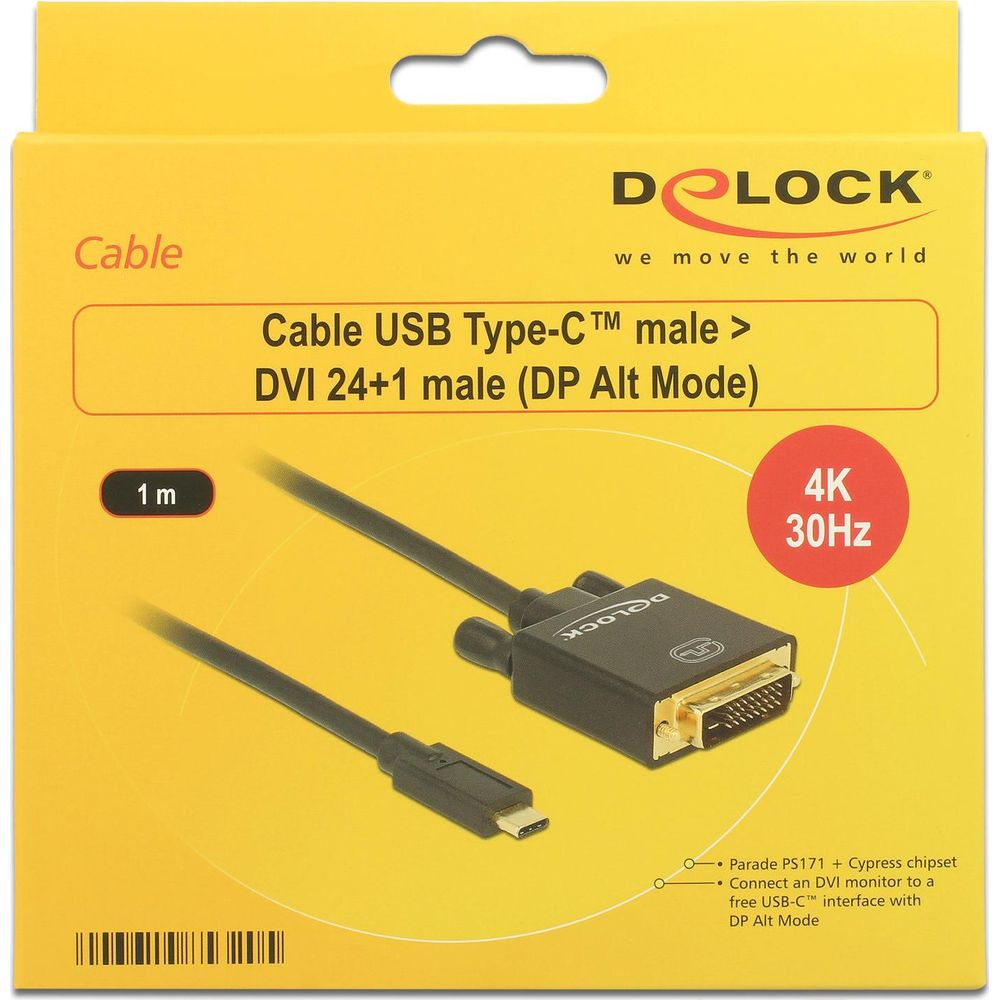 DeLOCK USB-C zu DVI Kabel, 1m, unterstützt 4K 30Hz.