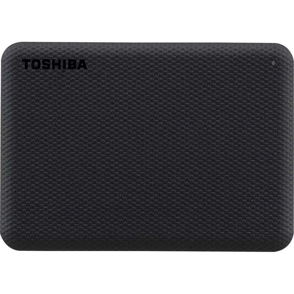Czarny zewnętrzny dysk twardy Toshiba z teksturowaną obudową i dyskretnym logo.