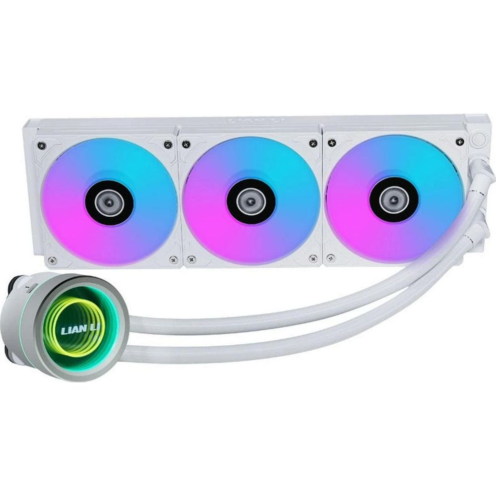 Un refroidisseur d'eau PC blanc avec trois ventilateurs et éclairage RVB.