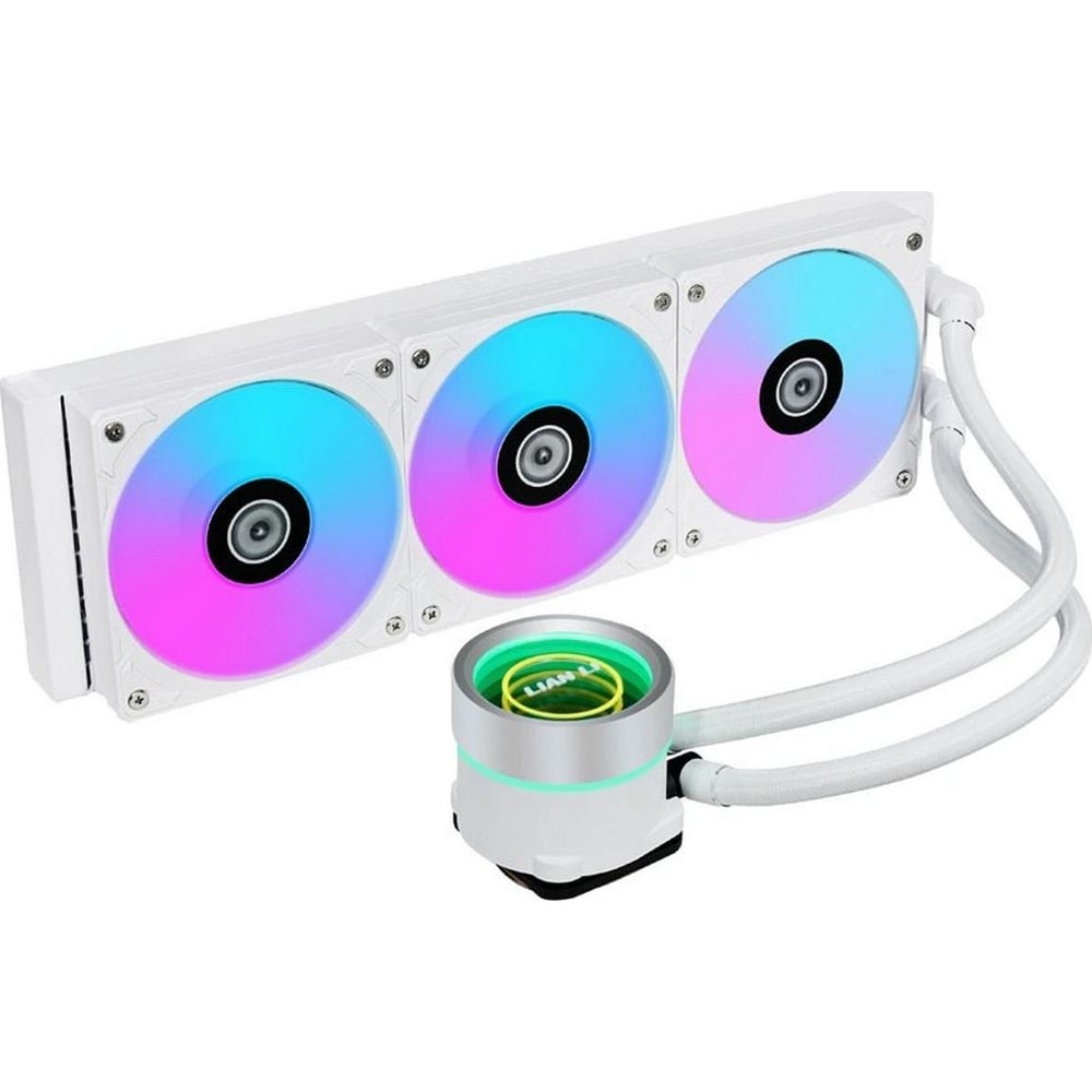 Refroidisseur CPU blanc avec trois ventilateurs RVB et unité de pompe.