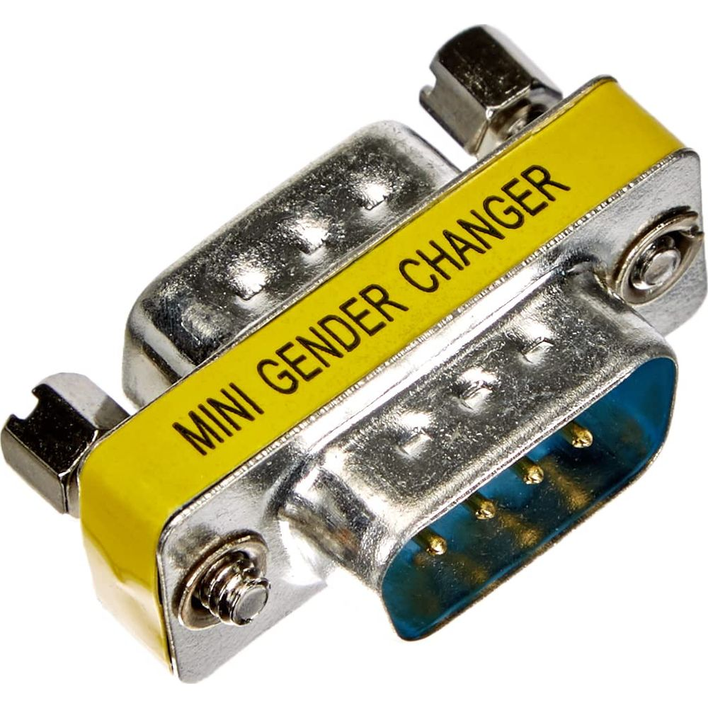 Un adattatore mini gender changer con etichetta gialla e connettori metallici.