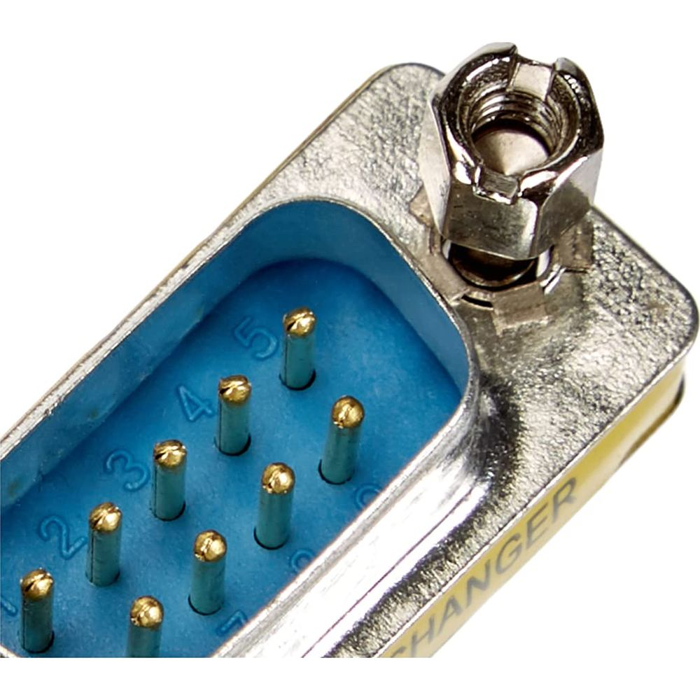 Primo piano di un connettore D-sub blu con pin dorati e un dado zigrinato.