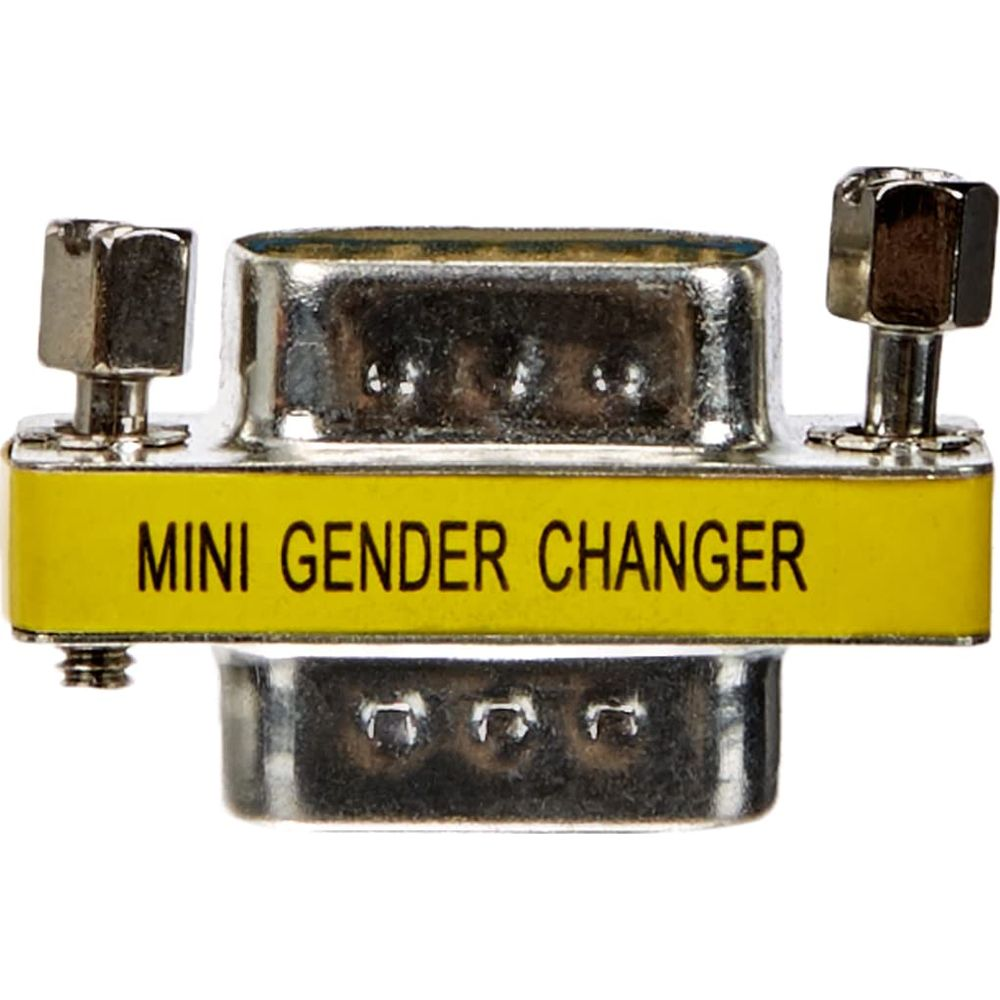 Adattatore Mini Gender Changer con etichetta gialla e viti.