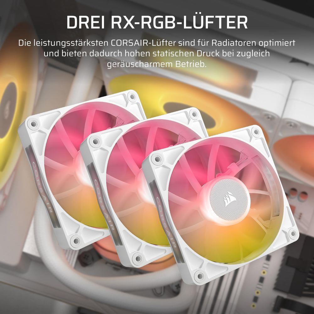 Three white RGB fans with pink and yellow lighting, on a computer motherboard.