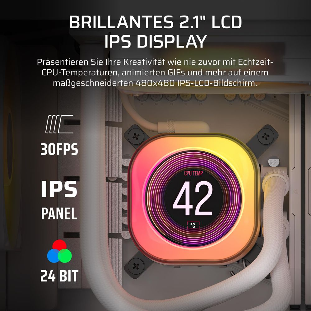 A 2.1" LCD IPS display shows CPU temp 42°C. Also shows 30 FPS, IPS Panel, 24 Bit.