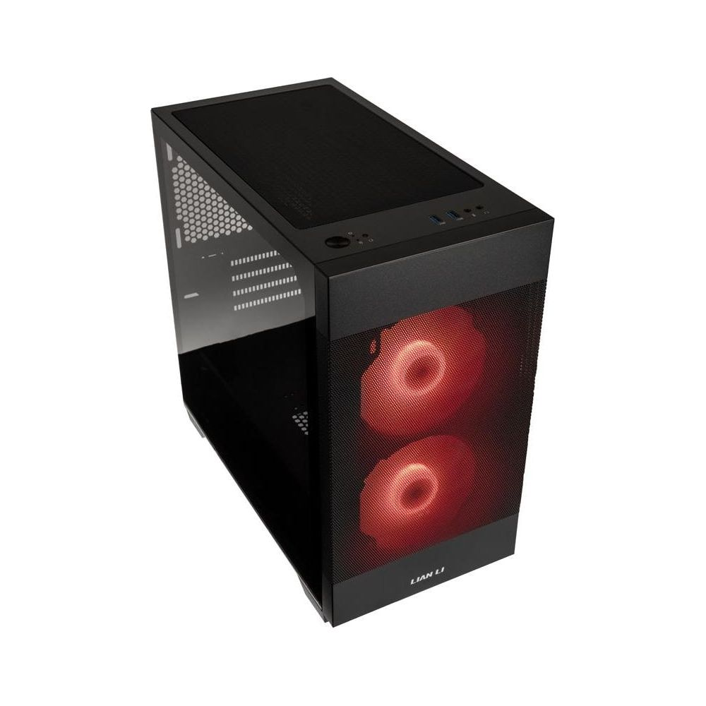 Boîtier PC noir avec deux ventilateurs rouges et façade en verre.
