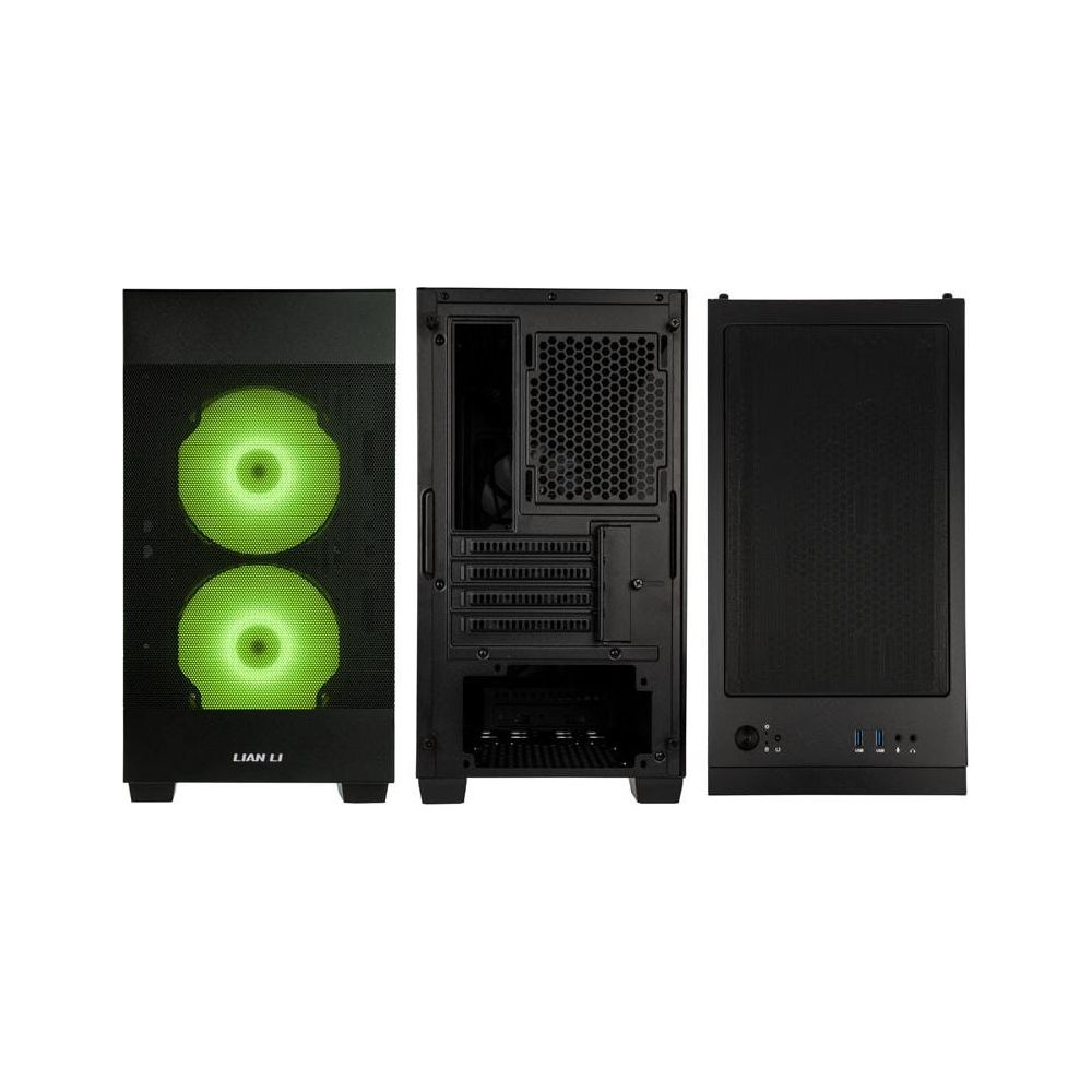 Trois vues de boîtier PC : avant avec ventilateurs verts, arrière et avant avec ports.