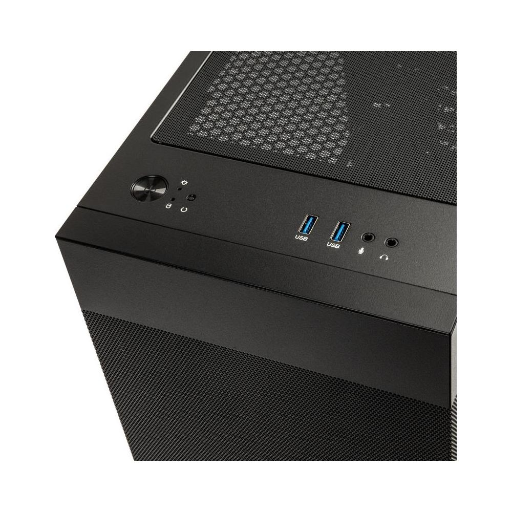 Gros plan d'un boîtier d'ordinateur noir avec ports USB et boutons sur le dessus.