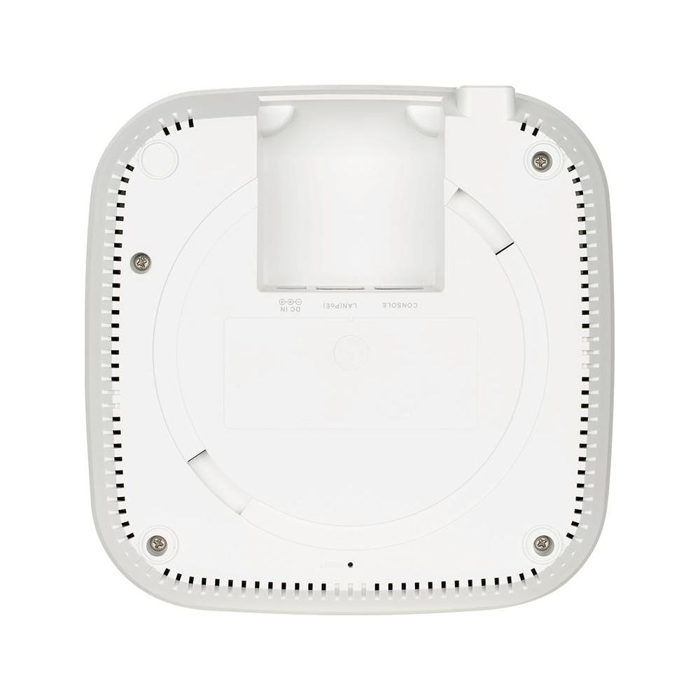 Widok z góry białego urządzenia sieciowego z portami DC IN, LAN/PoE i Konsola.