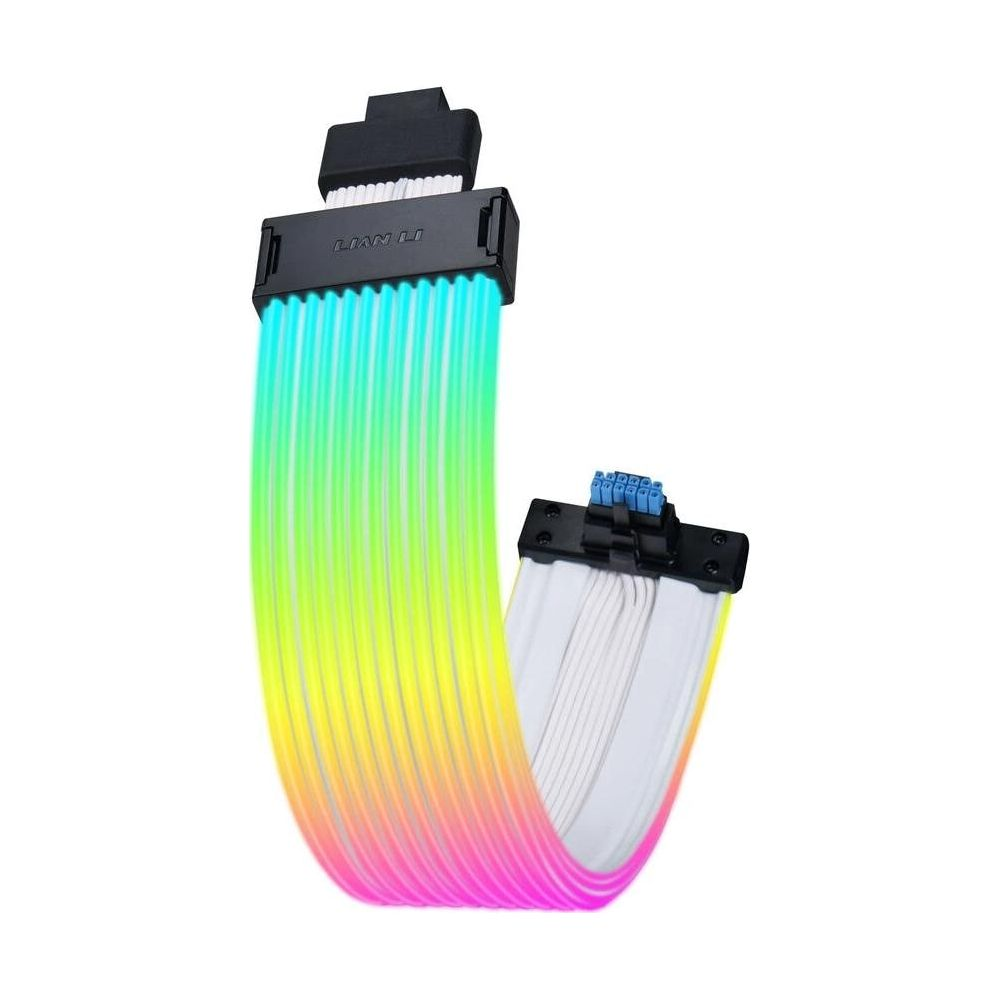 Un cavo Lian Li con illuminazione RGB, che sfuma dal blu al verde, giallo e rosa.