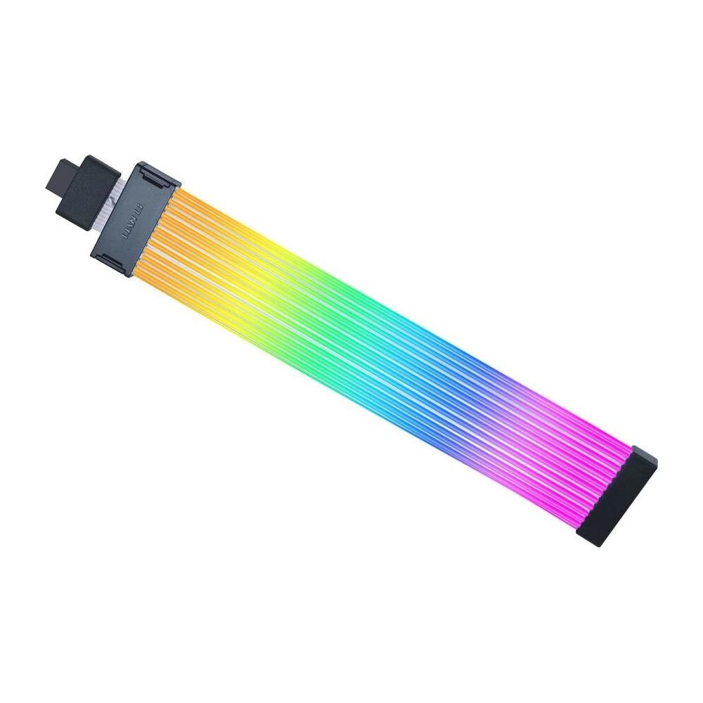 Un cavo piatto con illuminazione RGB, che sfuma da giallo a verde, blu e rosa.