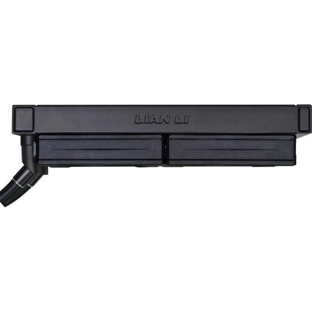 Ventilateur noir Lian Li avec deux pales et câble de connexion.
