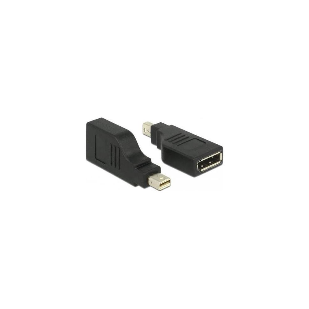 Twee zwarte adapters, een Mini DisplayPort mannelijke en een vrouwelijke connector.
