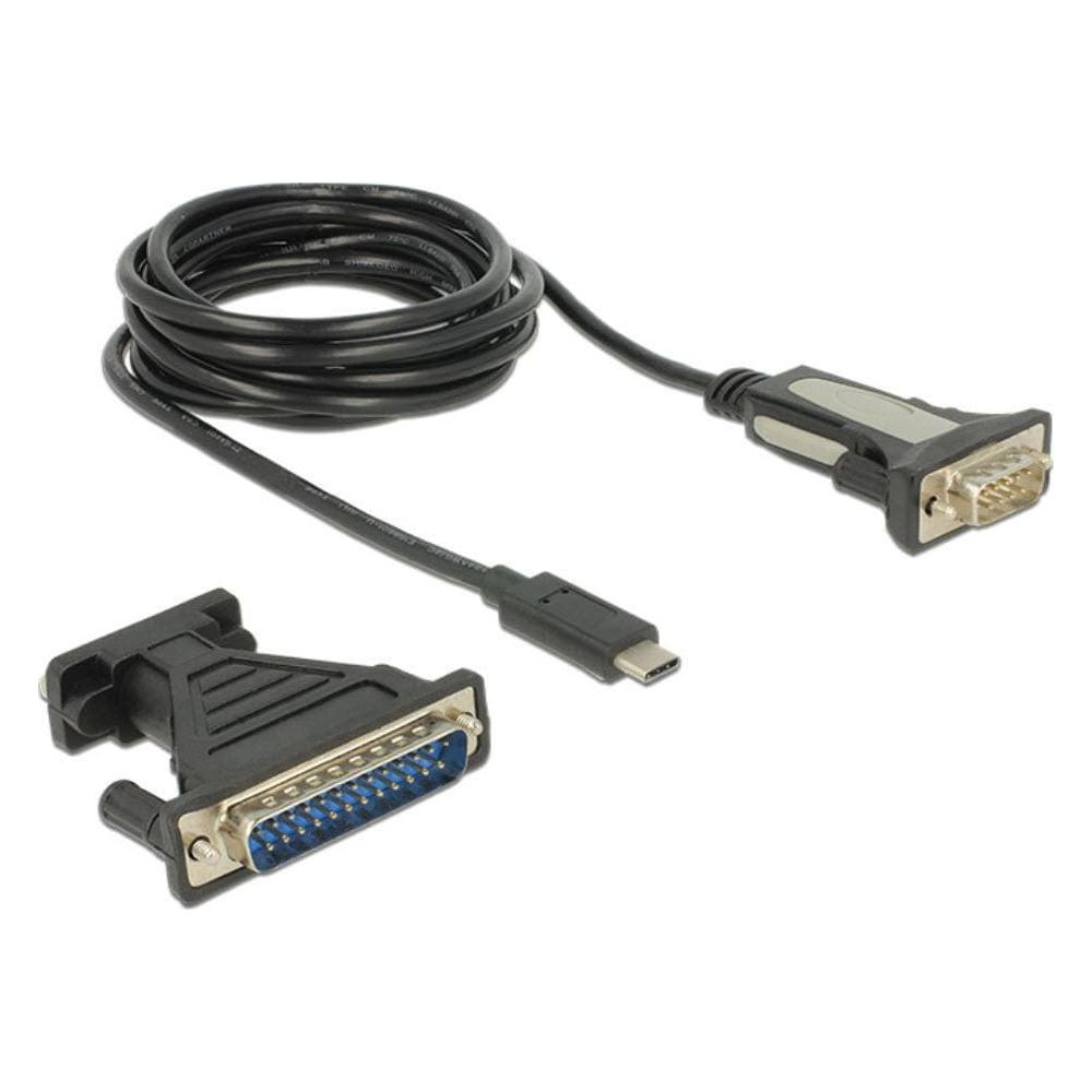 Cavo nero con USB-C e due connettori DB, su sfondo bianco.