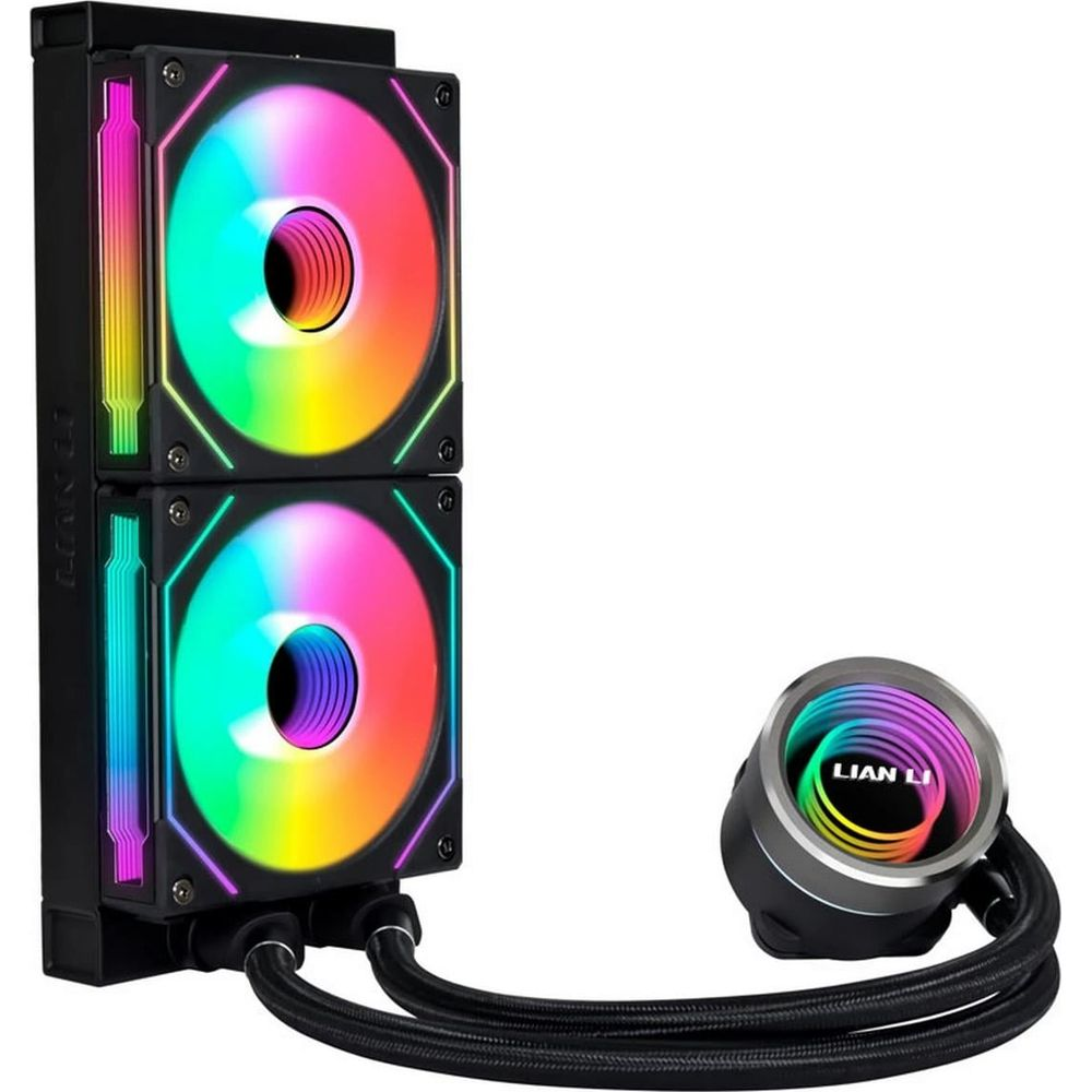 Un refroidisseur CPU noir avec deux ventilateurs RGB et une tête de pompe LIAN LI.