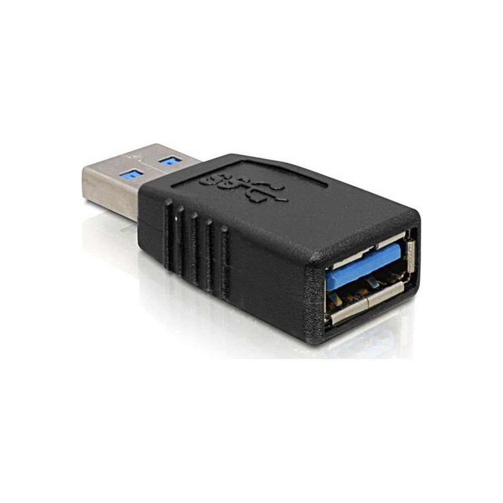 Zwarte USB-adapter met blauwe inzet en zilveren mannelijke connector.