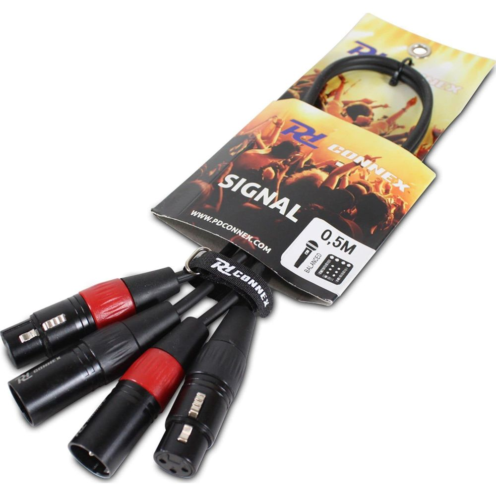Un cable de audio negro con tres conectores XLR, dos rojos y uno negro.