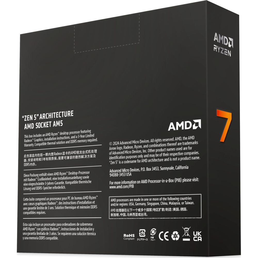 Pudełko procesora AMD Ryzen z architekturą 'Zen 5', gniazdem AM5 i grafiką Radeon.