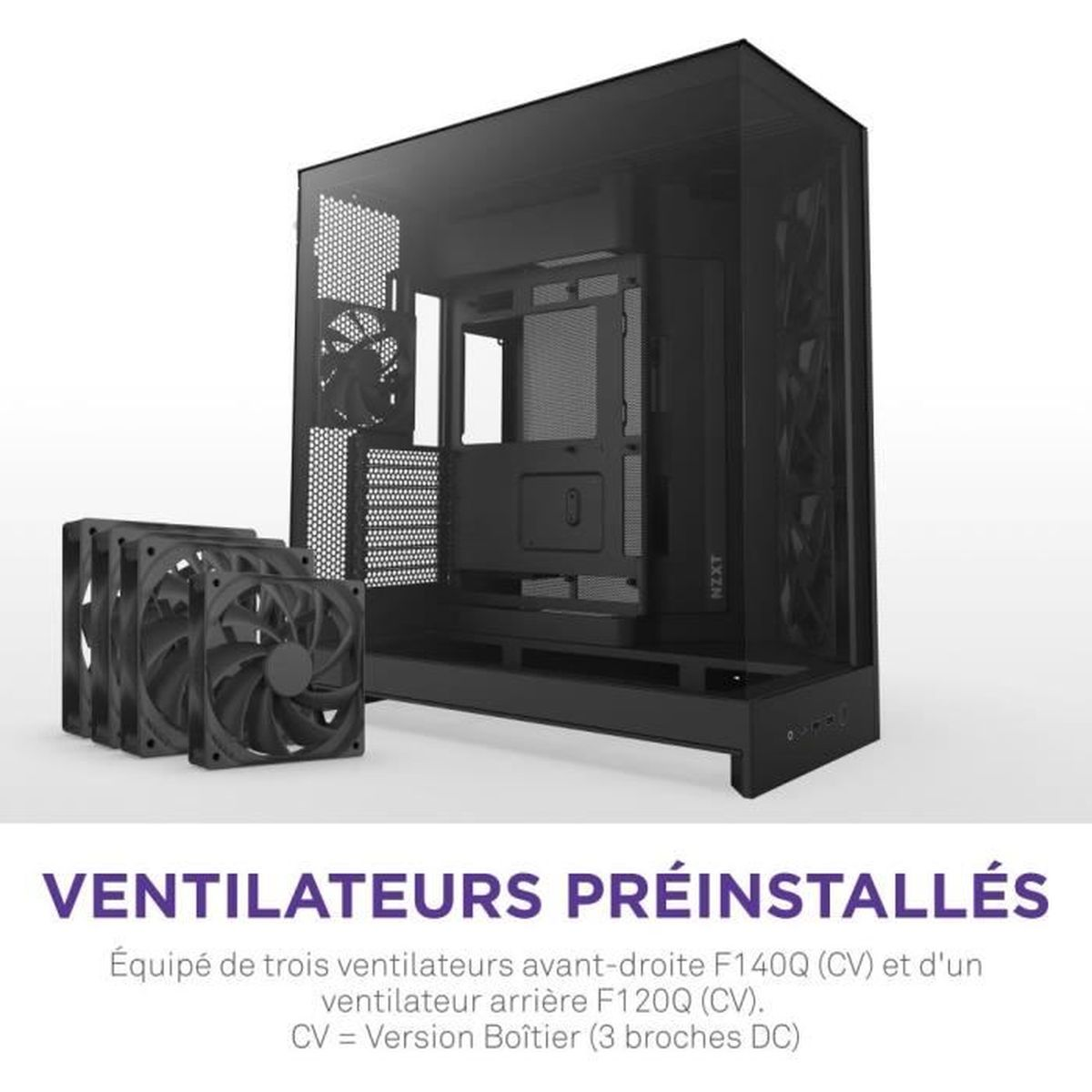 Zwarte pc-behuizing met drie voorste en één achterste ventilator.