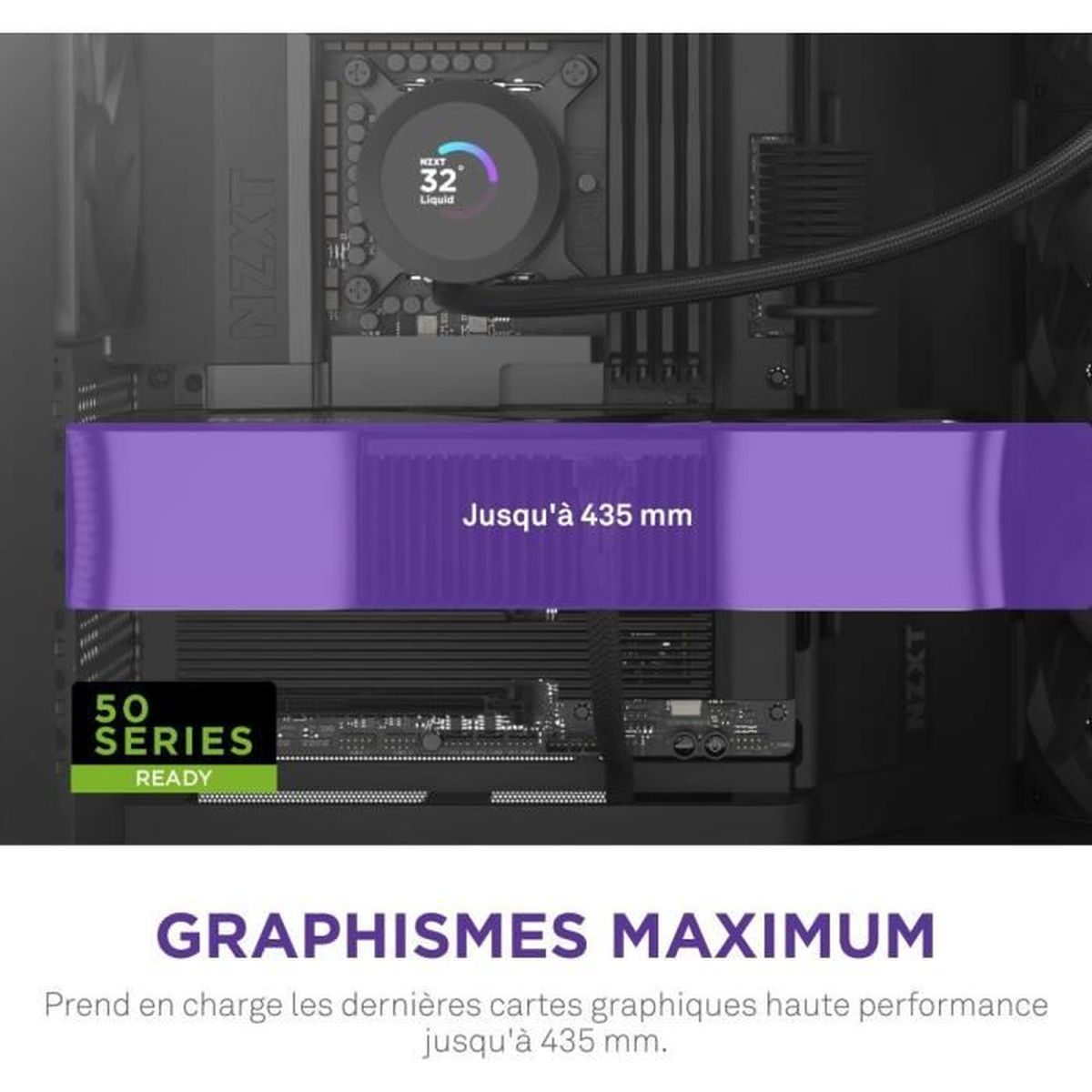 Paarse PC-componentenbeugel met "Jusqu'à 435 mm" en NZXT-logo.