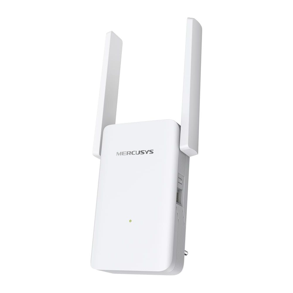 Ein weißer Mercusys WLAN-Repeater mit zwei Antennen steht auf weißem Grund.