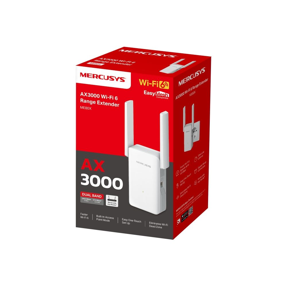 Mercusys AX3000 Wi-Fi 6 Dual-Band Range Extender ME80X auf rotem Karton.