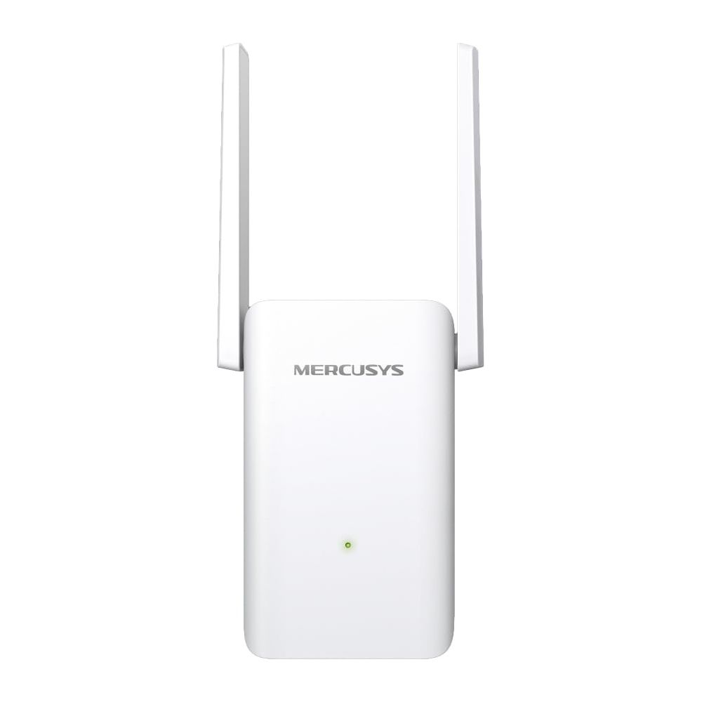Ein weißer Mercusys WLAN-Repeater mit zwei Antennen und einem grünen LED-Licht.