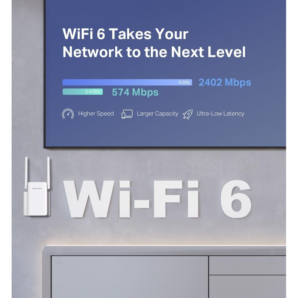 Ein weißer WiFi 6 Repeater neben großen Buchstaben 'Wi-Fi 6'.