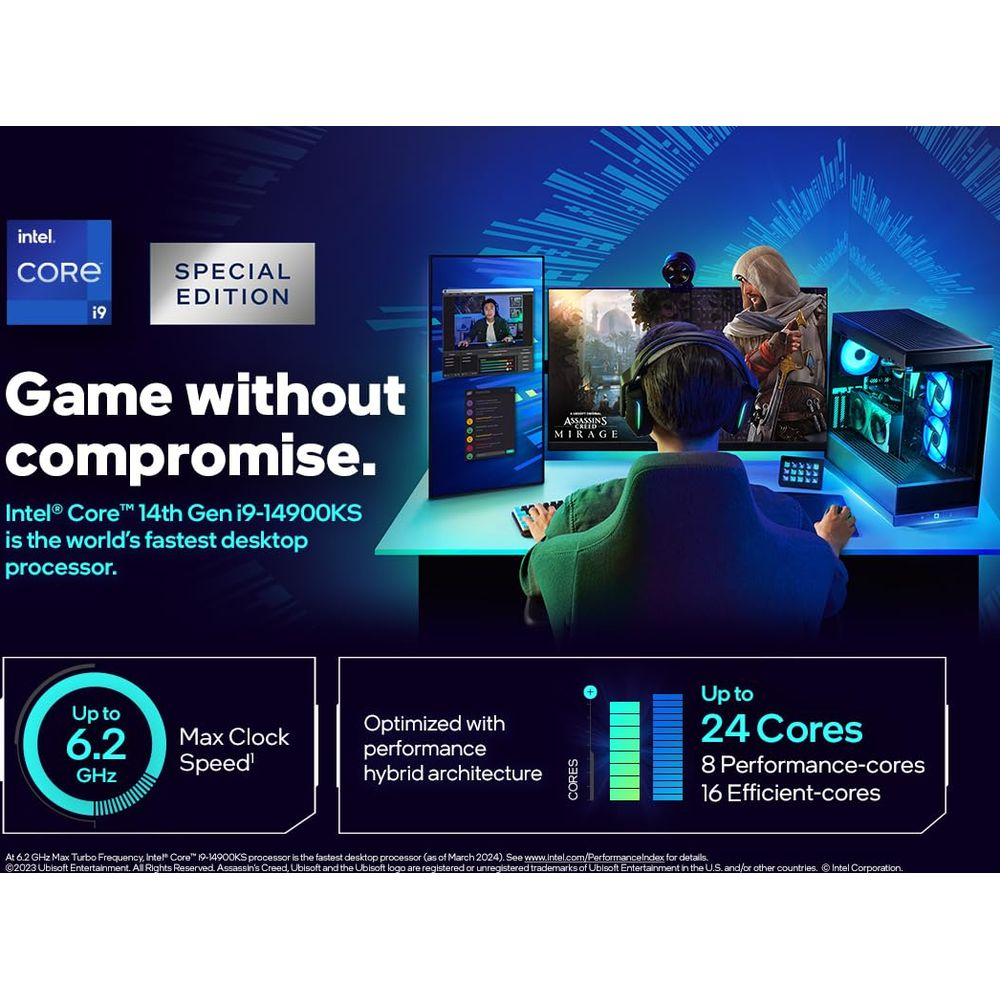 Gracz gra w słuchawkach, procesor Intel Core i9-14900KS to najszybszy procesor stacjonarny.