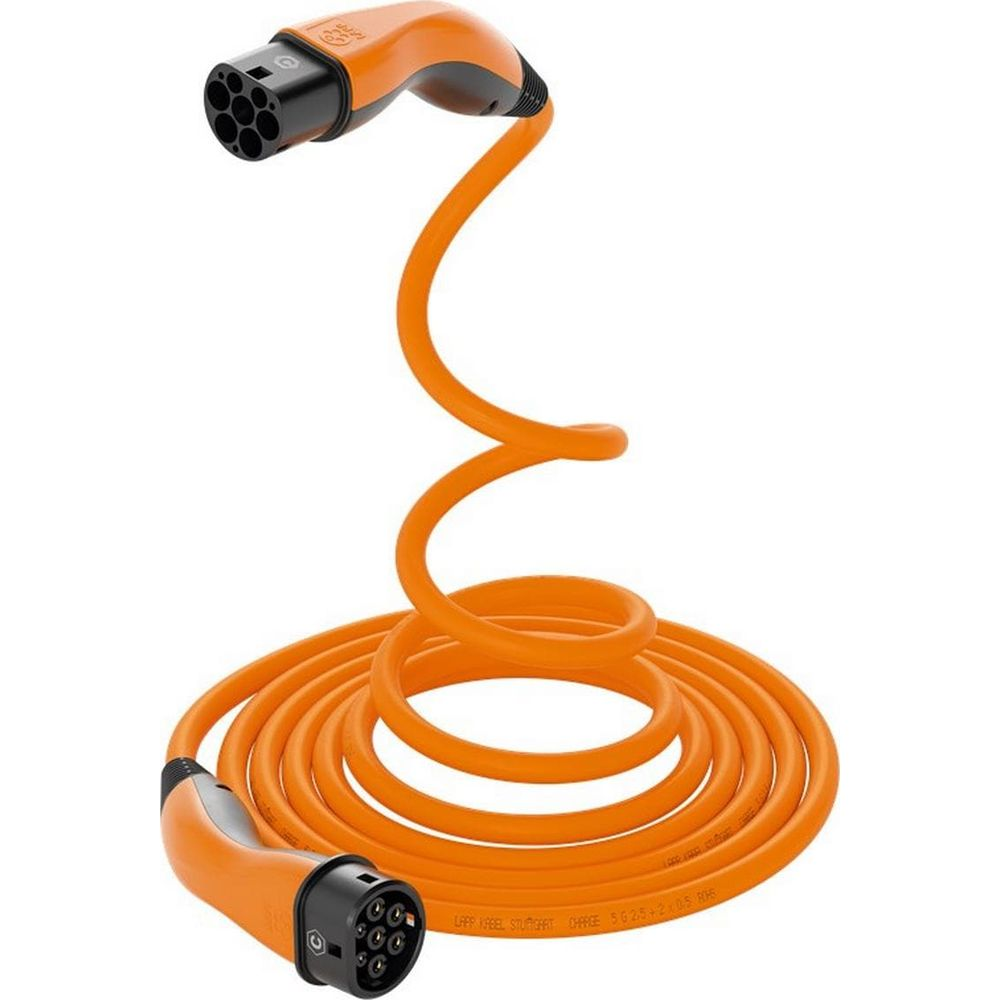 Un cavo di ricarica arancione con due connettori, avvolto.