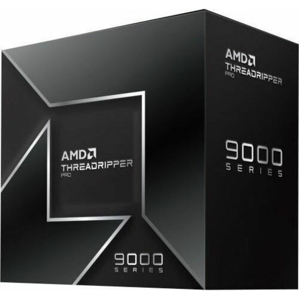 Czarne pudełko AMD Threadripper 9000 Series Pro z srebrnym logo.