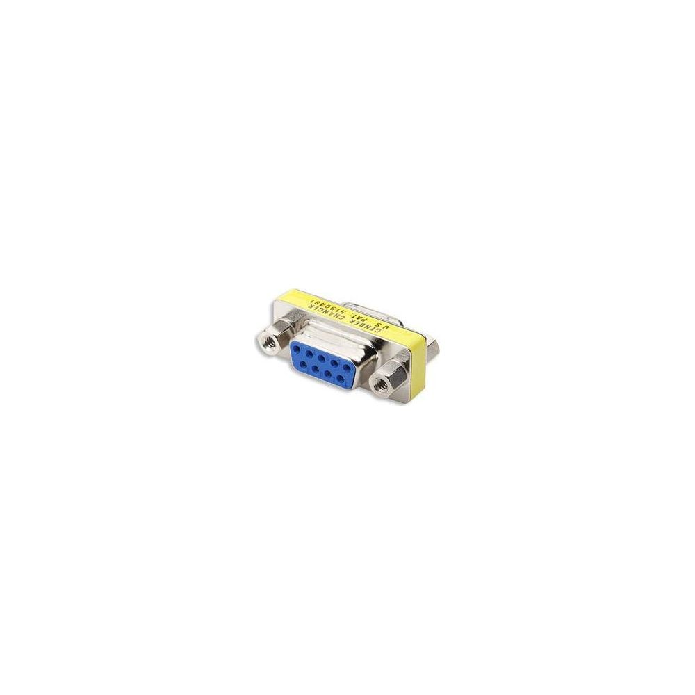 Un adattatore cambiacoppia giallo con pin blu e viti metalliche.
