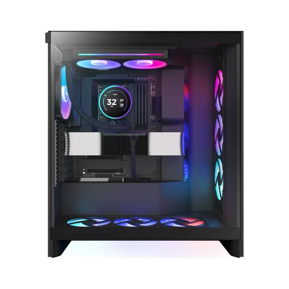 Interno PC moderno con ventole RGB e dissipatore CPU con display digitale.