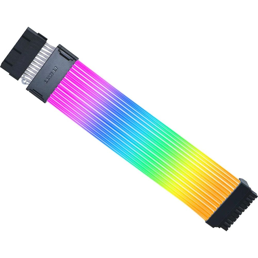 Un cavo Lian Li con illuminazione RGB, che sfuma da rosa a blu a giallo.
