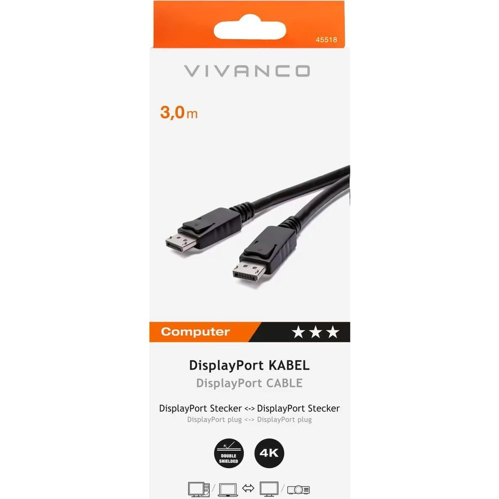 Cavo Vivanco DisplayPort da 3m, nero, con supporto 4K e doppia schermatura.