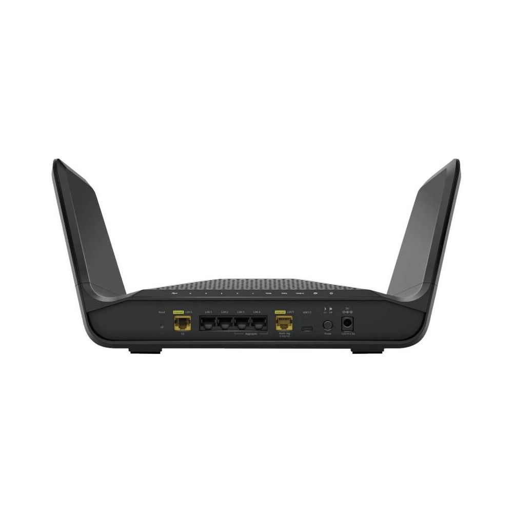Un routeur noir avec deux antennes, des ports LAN et une connexion dalimentation.