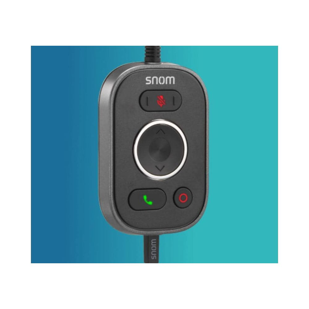 Un controller Snom nero con pulsanti microfono e chiamata, su sfondo blu.