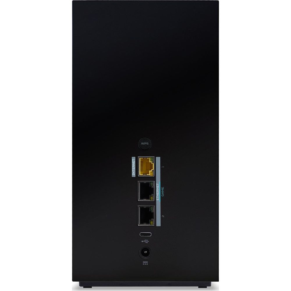 Tył czarnego routera z portami: Internet, Ethernet, USB i zasilania.